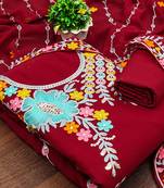 women red georgette sequin & floral pattern multicolor thread work kurta bottom dupatta set dress material