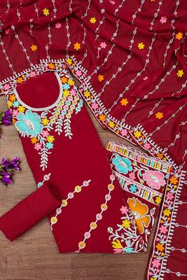women red georgette sequin & floral pattern multicolor thread work kurta bottom dupatta set dress material 2