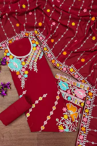 women red georgette sequin & floral pattern multicolor thread work kurta bottom dupatta set dress material