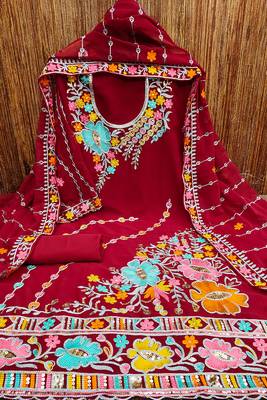 women red georgette sequin & floral pattern multicolor thread work kurta bottom dupatta set dress material 3
