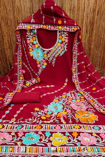 women red georgette sequin & floral pattern multicolor thread work kurta bottom dupatta set dress material