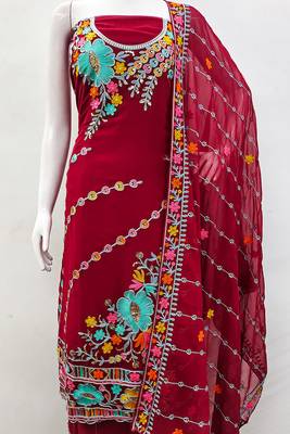 women red georgette sequin & floral pattern multicolor thread work kurta bottom dupatta set dress material 4