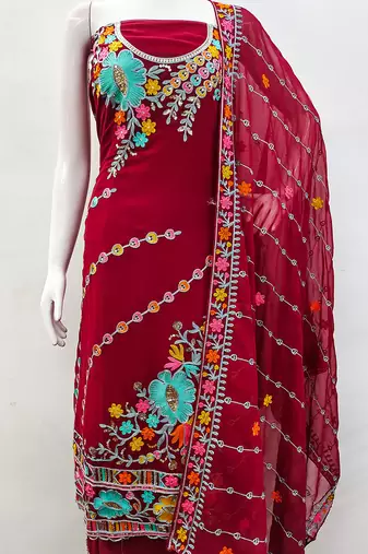 women red georgette sequin & floral pattern multicolor thread work kurta bottom dupatta set dress material