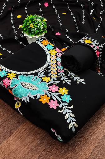 Leeza store women black georgette sequin & floral pattern multicolor thread work kurta bottom dupatta set dress material