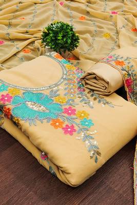 women beige georgette sequin & floral pattern multicolor thread work kurta bottom dupatta set dress material 1