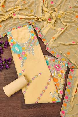 women beige georgette sequin & floral pattern multicolor thread work kurta bottom dupatta set dress material 2