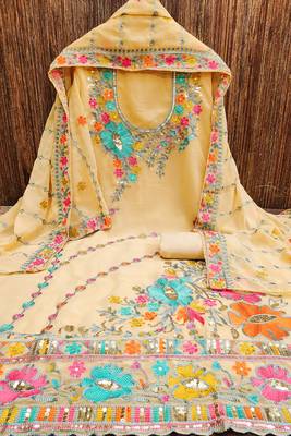 women beige georgette sequin & floral pattern multicolor thread work kurta bottom dupatta set dress material 3