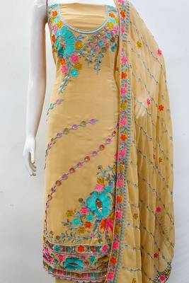 women beige georgette sequin & floral pattern multicolor thread work kurta bottom dupatta set dress material 4