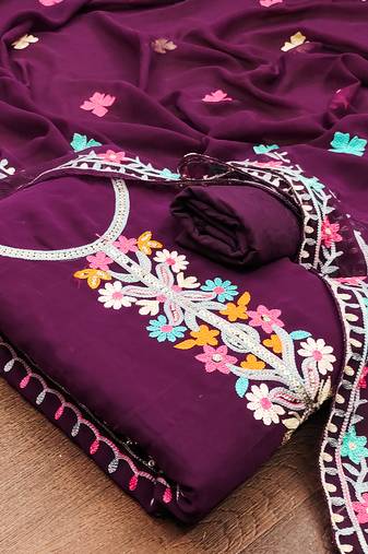 Leeza store women georgette sequin & traditional pattern multicolor thread work kurta bottom dupatta set dress material
