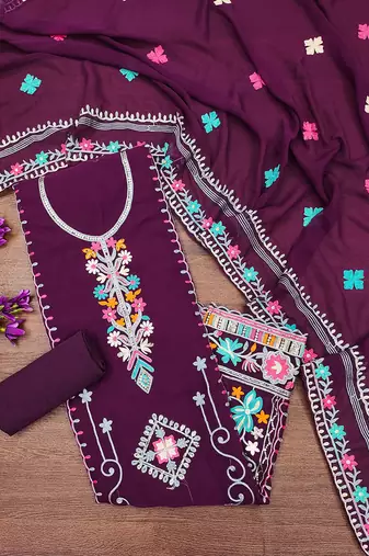 women georgette sequin & traditional pattern multicolor thread work kurta bottom dupatta set dress material