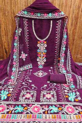 women georgette sequin & traditional pattern multicolor thread work kurta bottom dupatta set dress material 3