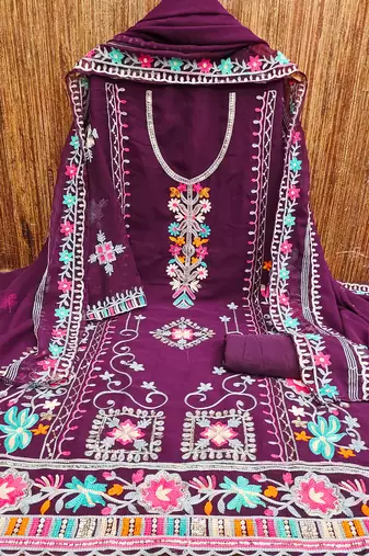 women georgette sequin & traditional pattern multicolor thread work kurta bottom dupatta set dress material