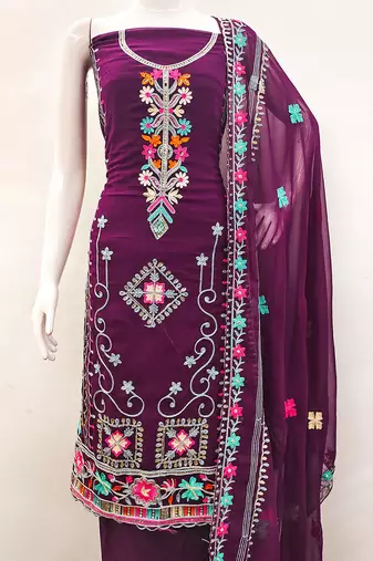 women georgette sequin & traditional pattern multicolor thread work kurta bottom dupatta set dress material