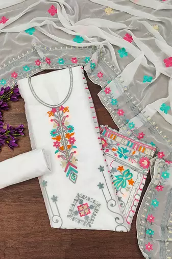 women georgette sequin & traditional pattern multicolor thread work kurta bottom dupatta set dress material