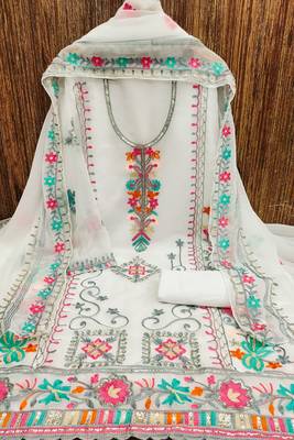 women georgette sequin & traditional pattern multicolor thread work kurta bottom dupatta set dress material 3