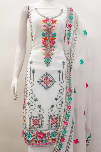 women georgette sequin & traditional pattern multicolor thread work kurta bottom dupatta set dress material