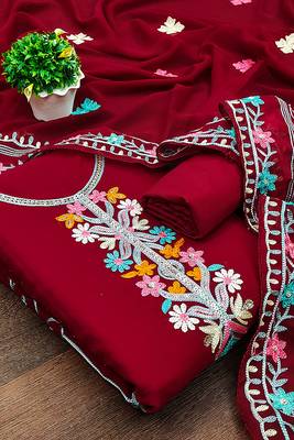 women georgette sequin & traditional pattern multicolor thread work kurta bottom dupatta set dress material 1
