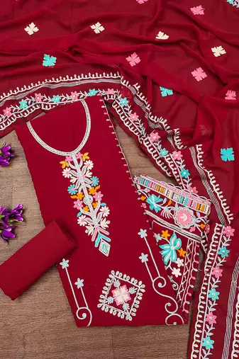 women georgette sequin & traditional pattern multicolor thread work kurta bottom dupatta set dress material