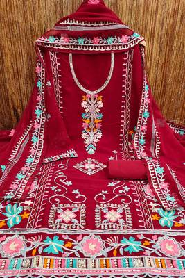 women georgette sequin & traditional pattern multicolor thread work kurta bottom dupatta set dress material 3