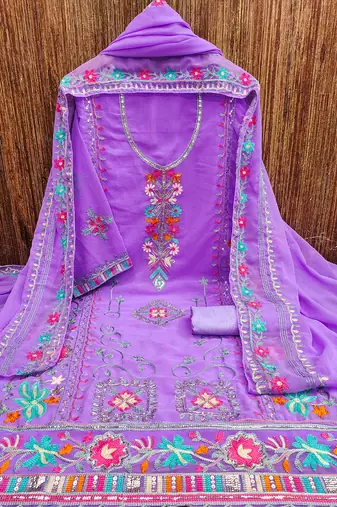 women georgette sequin & traditional pattern multicolor thread work kurta bottom dupatta set dress material