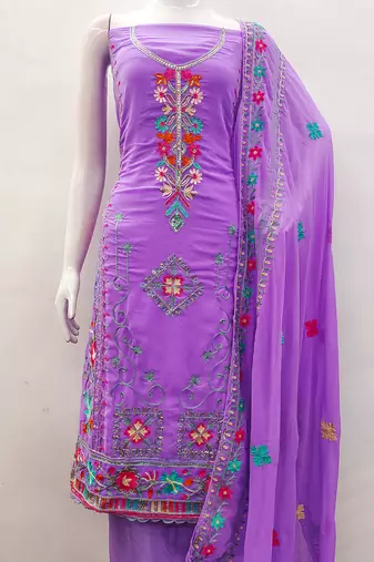 women georgette sequin & traditional pattern multicolor thread work kurta bottom dupatta set dress material