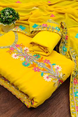 women georgette sequin & traditional pattern multicolor thread work kurta bottom dupatta set dress material 1
