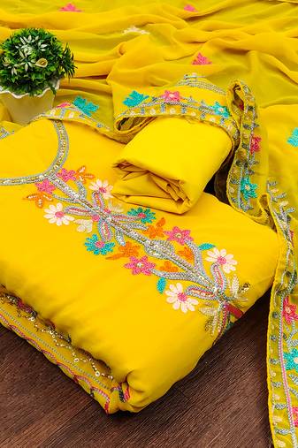 Leeza store women georgette sequin & traditional pattern multicolor thread work kurta bottom dupatta set dress material