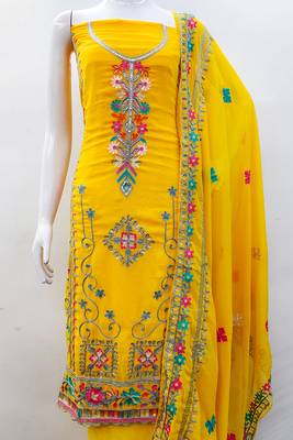 women georgette sequin & traditional pattern multicolor thread work kurta bottom dupatta set dress material 4