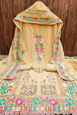 women georgette sequin & traditional pattern multicolor thread work kurta bottom dupatta set dress material 3