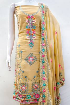 women georgette sequin & traditional pattern multicolor thread work kurta bottom dupatta set dress material 4