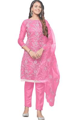 Leeza store women's pink organza floral thread work salwar kameez dress material with organza dupatta 1