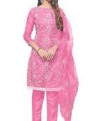 Leeza store women's pink organza floral thread work salwar kameez dress material with organza dupatta