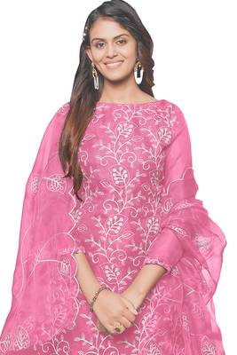 Leeza store women's pink organza floral thread work salwar kameez dress material with organza dupatta 2