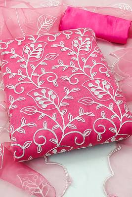Leeza store women's pink organza floral thread work salwar kameez dress material with organza dupatta 3