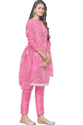 Leeza store women's pink organza floral thread work salwar kameez dress material with organza dupatta 4