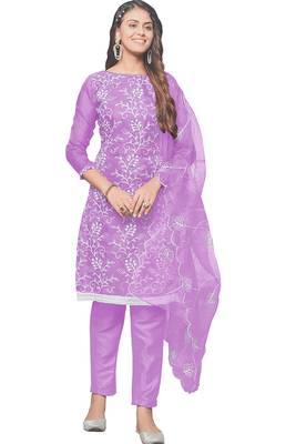 Leeza store women's purple organza floral thread work salwar kameez dress material with organza dupatta 1
