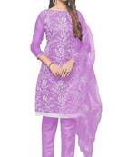Leeza store women's purple organza floral thread work salwar kameez dress material with organza dupatta