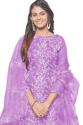Leeza store women's purple organza floral thread work salwar kameez dress material with organza dupatta 2