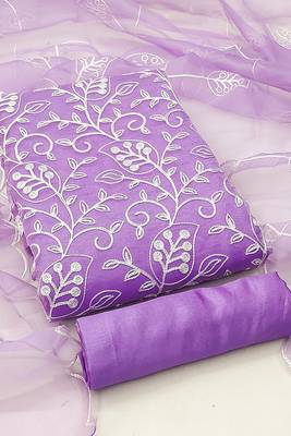 Leeza store women's purple organza floral thread work salwar kameez dress material with organza dupatta 3