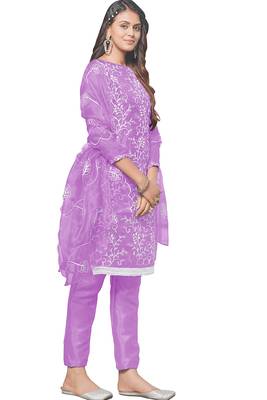 Leeza store women's purple organza floral thread work salwar kameez dress material with organza dupatta 4