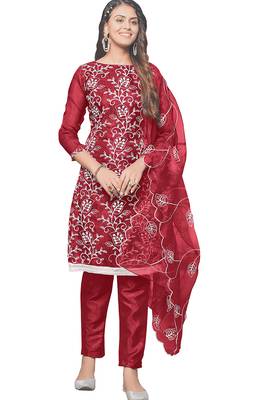 Leeza store women's red organza floral thread work salwar kameez dress material with organza dupatta 1
