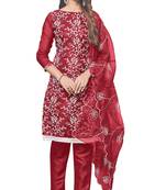 Leeza store women's red organza floral thread work salwar kameez dress material with organza dupatta