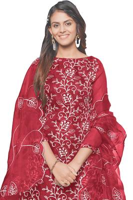 Leeza store women's red organza floral thread work salwar kameez dress material with organza dupatta 2