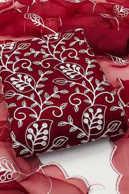 Leeza store women's red organza floral thread work salwar kameez dress material with organza dupatta 3