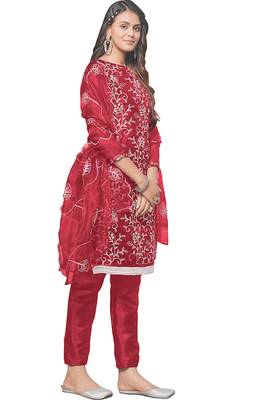 Leeza store women's red organza floral thread work salwar kameez dress material with organza dupatta 4