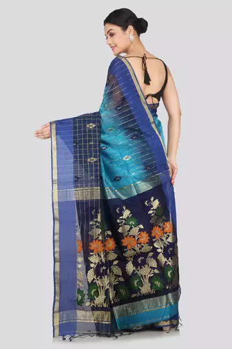 PinkLoom Women's  Blue Hand_Woven Cotton-Silk-Sarees With Unstitched Blouse Piece