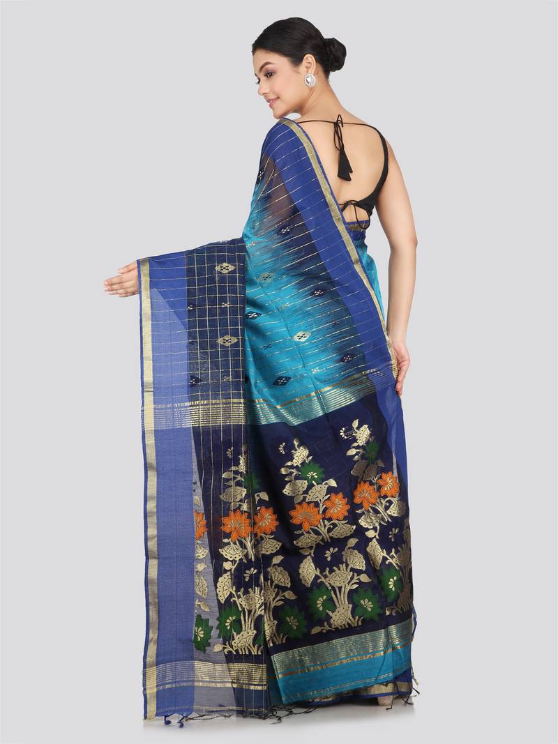 PinkLoom Women's  Blue Hand_Woven Cotton-Silk-Sarees With Unstitched Blouse Piece