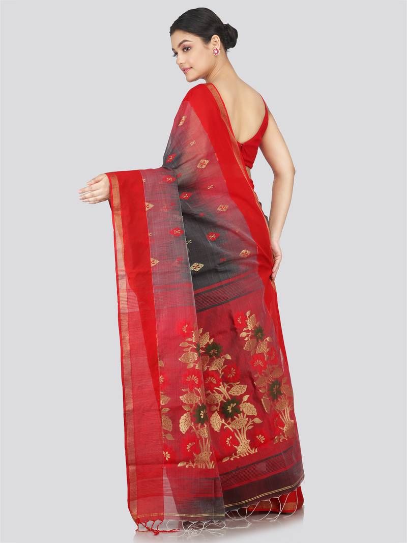 PinkLoom Women's  Black Hand_Woven Cotton-Silk-Sarees With Unstitched Blouse Piece