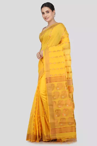 PinkLoom Women's  Yellow Hand_Woven Cotton-Silk-Sarees With Unstitched Blouse Piece