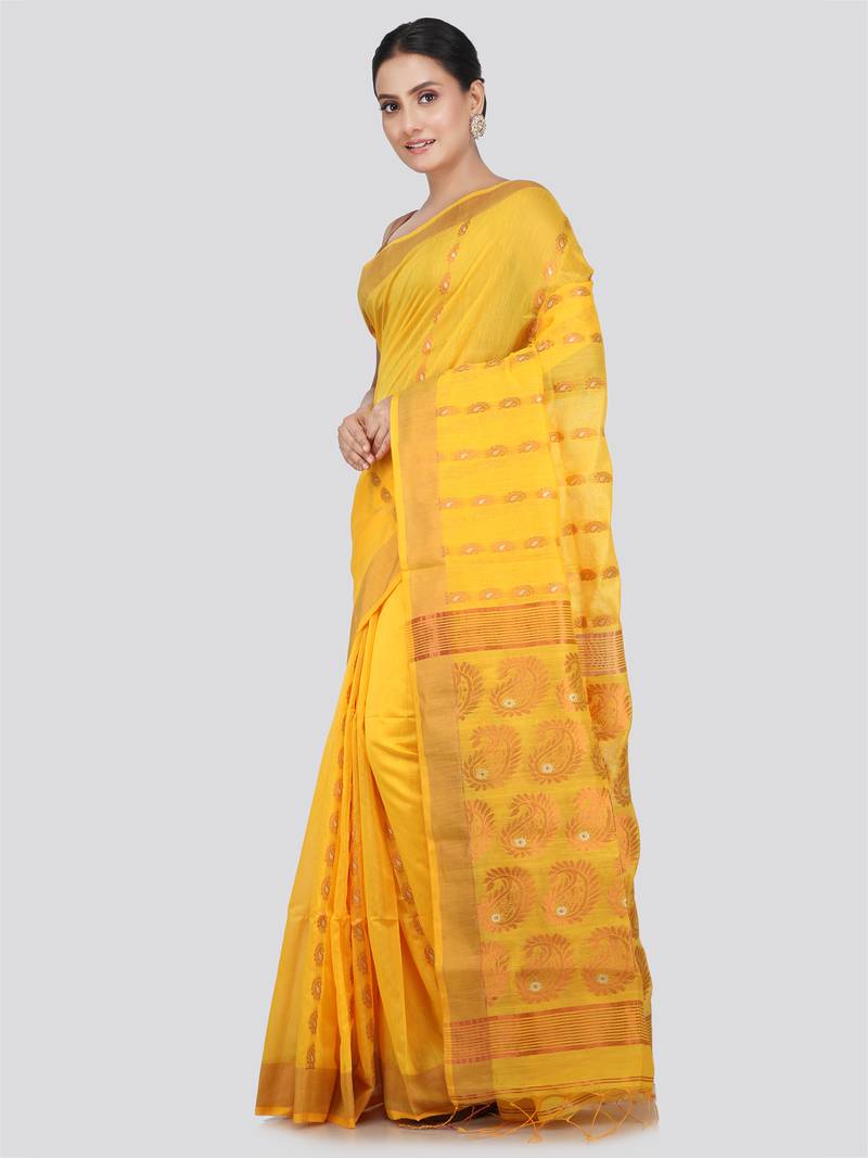 PinkLoom Women's  Yellow Hand_Woven Cotton-Silk-Sarees With Unstitched Blouse Piece